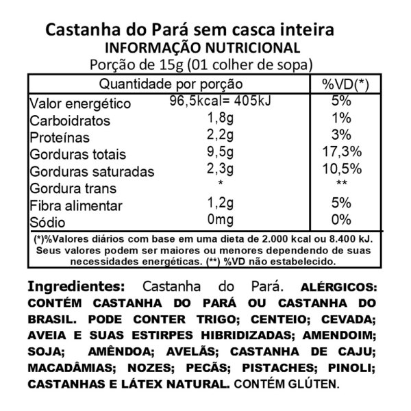 Castanha do Pará sem casca Inteira tabela nutricional