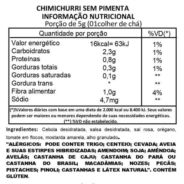 Chimichurri Sem Pimenta tabela nutricional