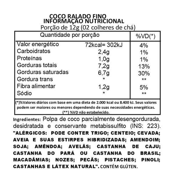 Coco Ralado Fino tabela nutricional