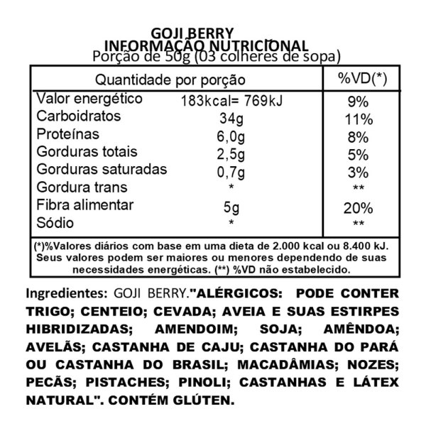 Goji Berry Desidratada tabela nutricional