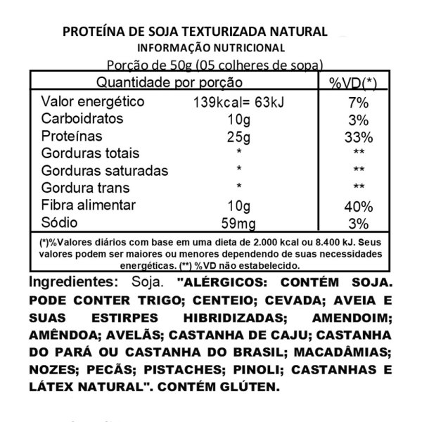 Proteína Texturizada de Soja Natural Granulada tabela nutricional